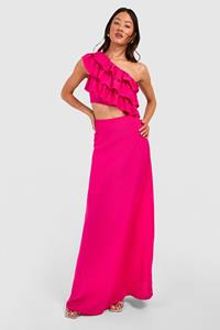 Boohoo Tall Woven Textured Frill One Shoulder Maxi Dress, Pink
