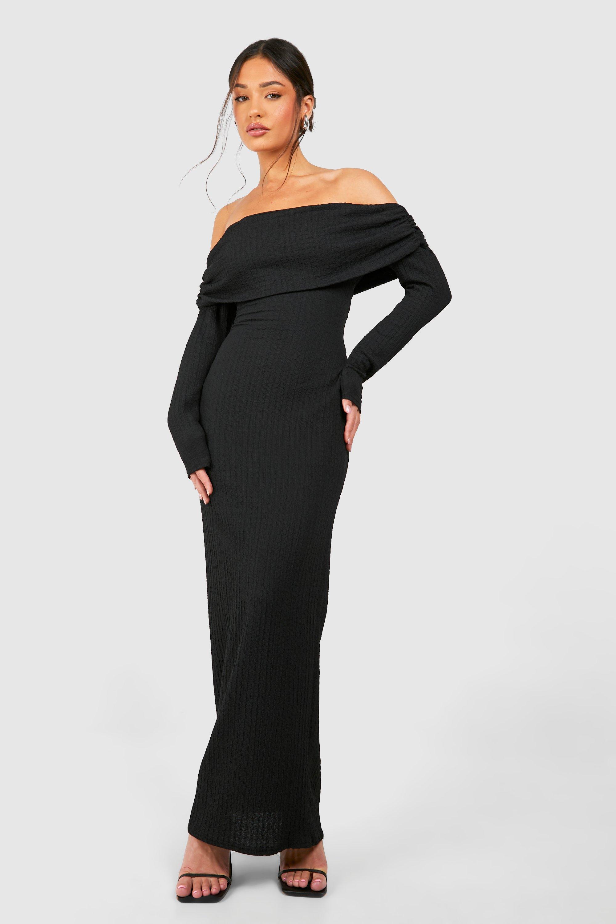 Boohoo Petite Crinkle Texture Bardot Maxi Dress, Black