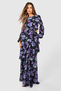 Boohoo Floral Chiffon Frill Detail Cut Out Maxi Dress, Purple