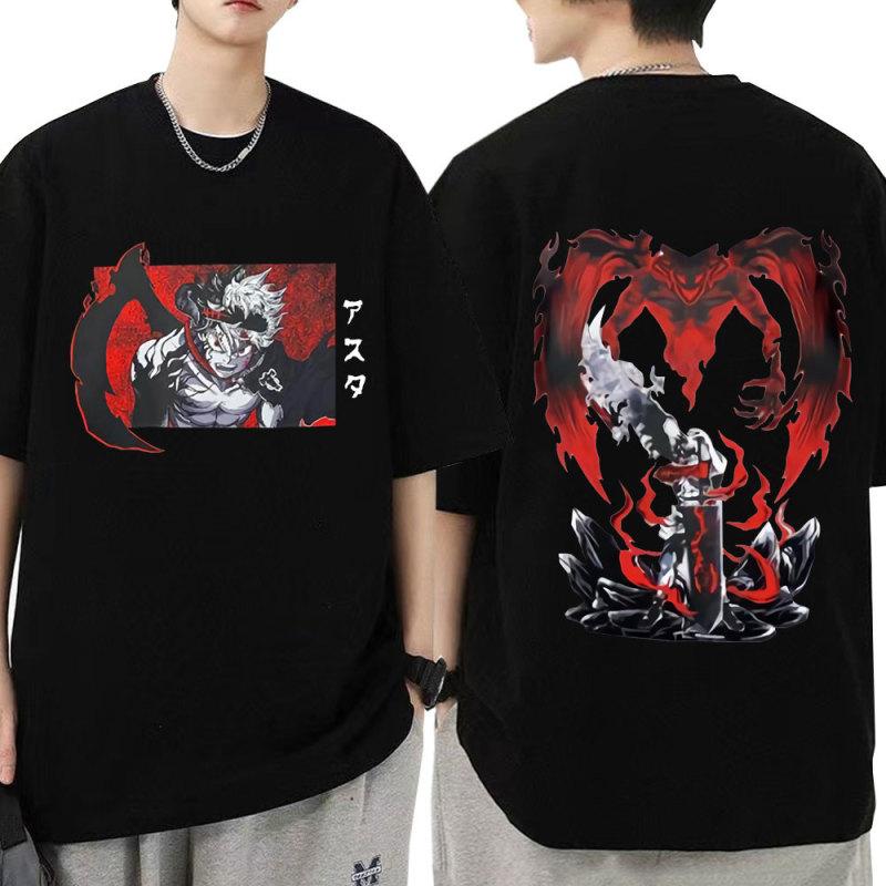 TENJINGE Trendy Japanse Anime Zwarte Klaver T-shirt Asta Dubbelzijdig Grafische T-shirt Harajuku Zomer Casual Katoenen Oversized T-shirts Koppels