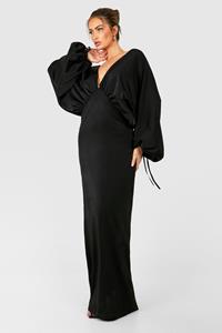 Boohoo Satin Extreme Blouson Sleeve Plunge Maxi Dress, Black