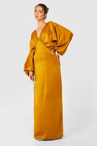 Boohoo Satin Extreme Blouson Sleeve Plunge Maxi Dress, Mustard