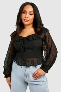 Boohoo Plus Ruffle Bardot Dobby Peplum Top, Black