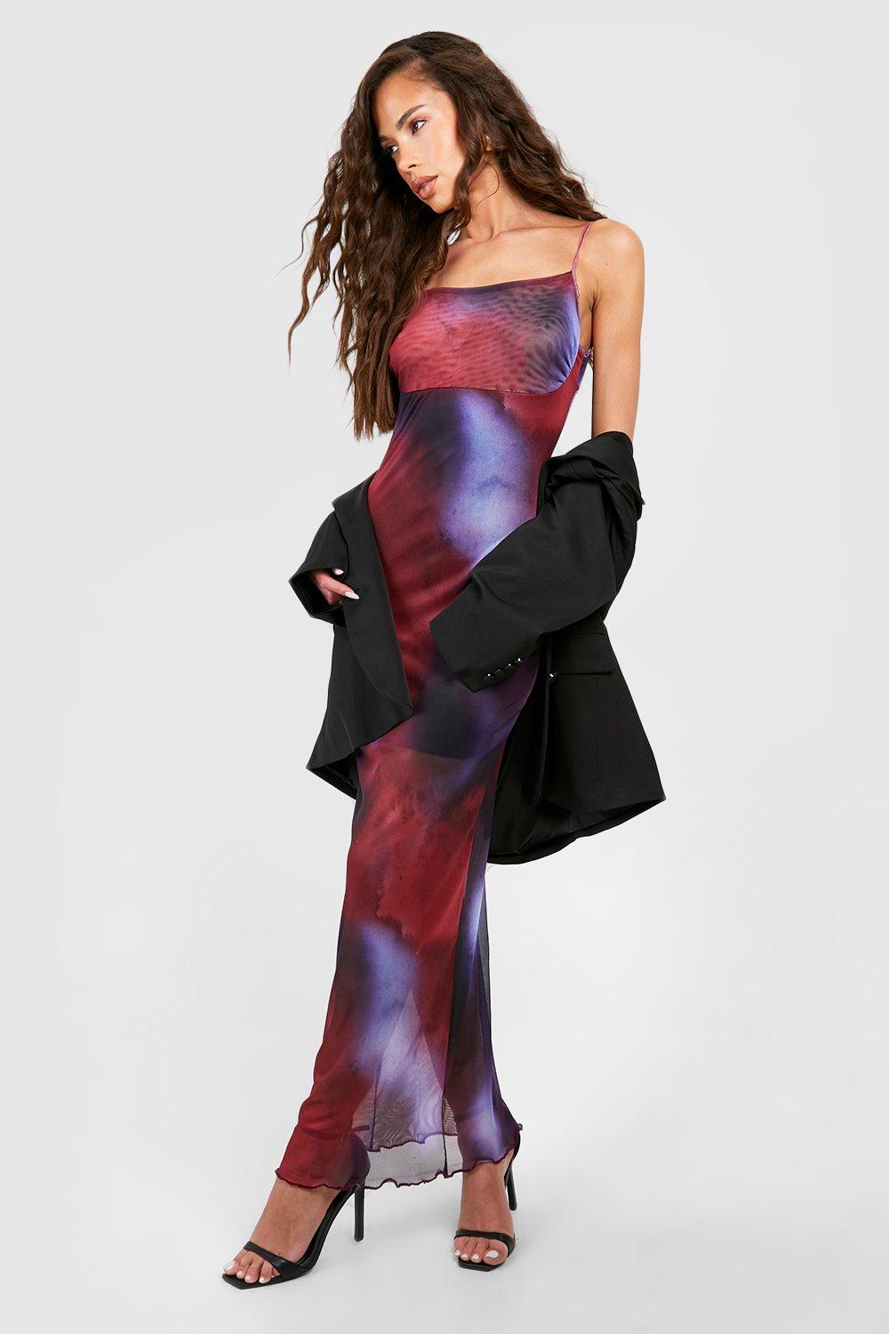 Boohoo Abstract Print Mesh Maxi Slip Dress, Purple