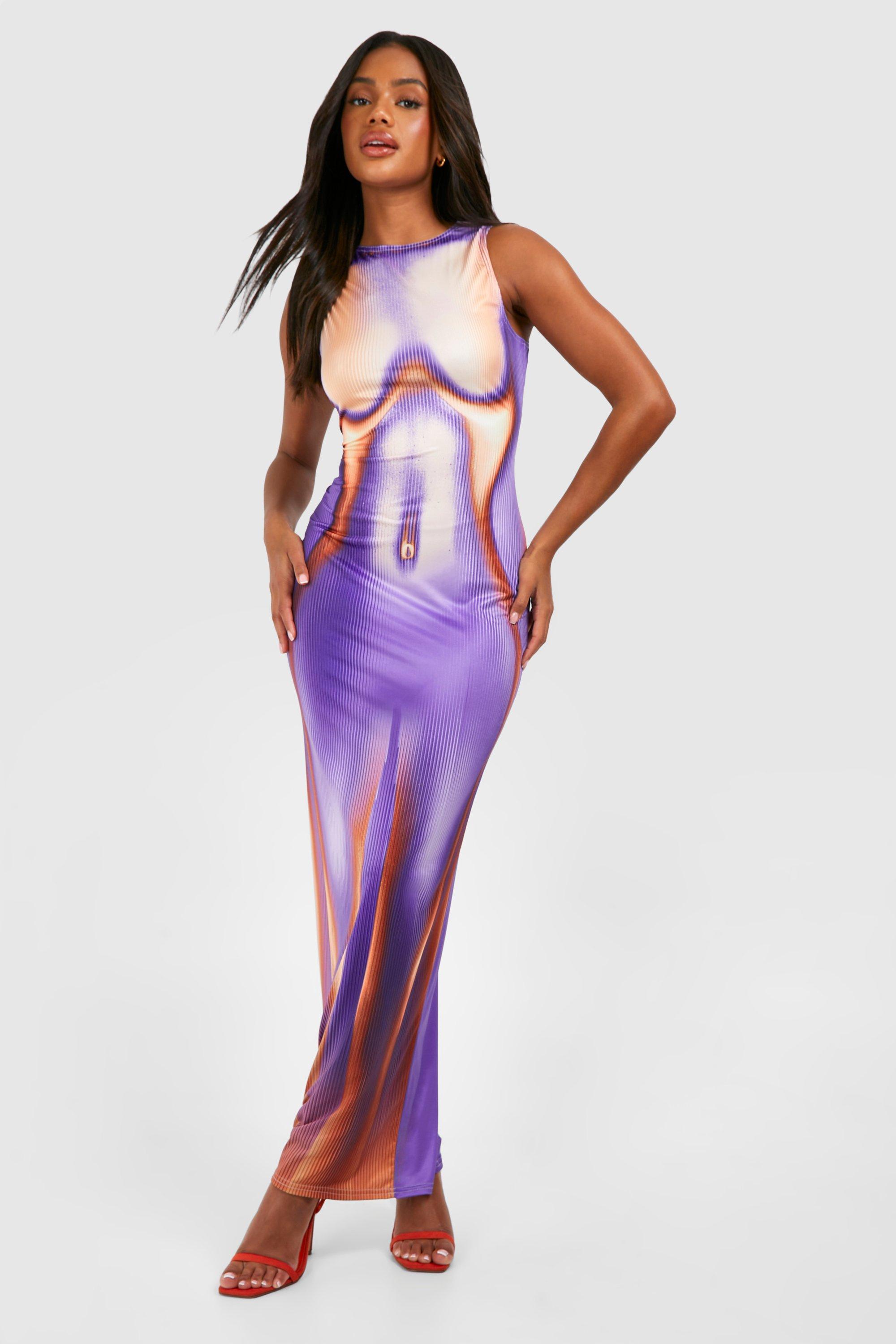 Boohoo Body Print Slinky Sleeveless Maxi Dress, Purple