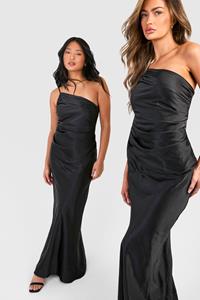 Boohoo Petite Bridesmaid Satin Strappy Asymmetric Maxi Dress, Black
