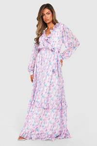 Boohoo Blurred Floral Print Ruffle Detail Maxi Dress, Purple