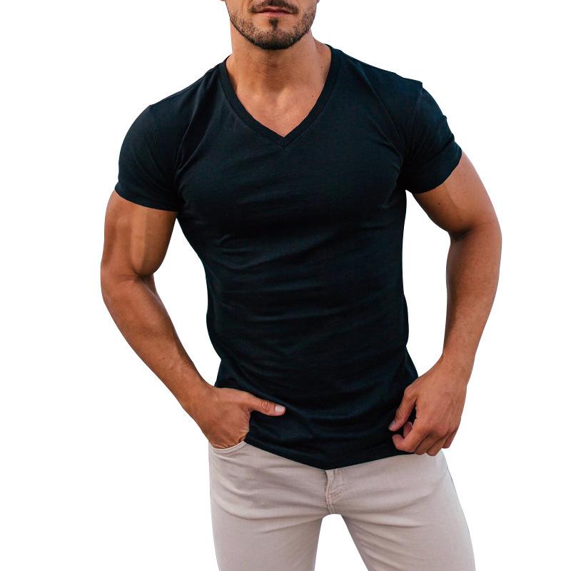 HerSight Zomer-T-shirt voor heren, buiten, effen T-shirt met V-hals, sneldrogend, ademend, zweetafvoerend, top met korte mouwen