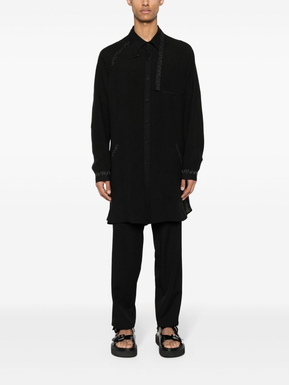 Yohji Yamamoto zigzag-embroidery linen shirt - Zwart