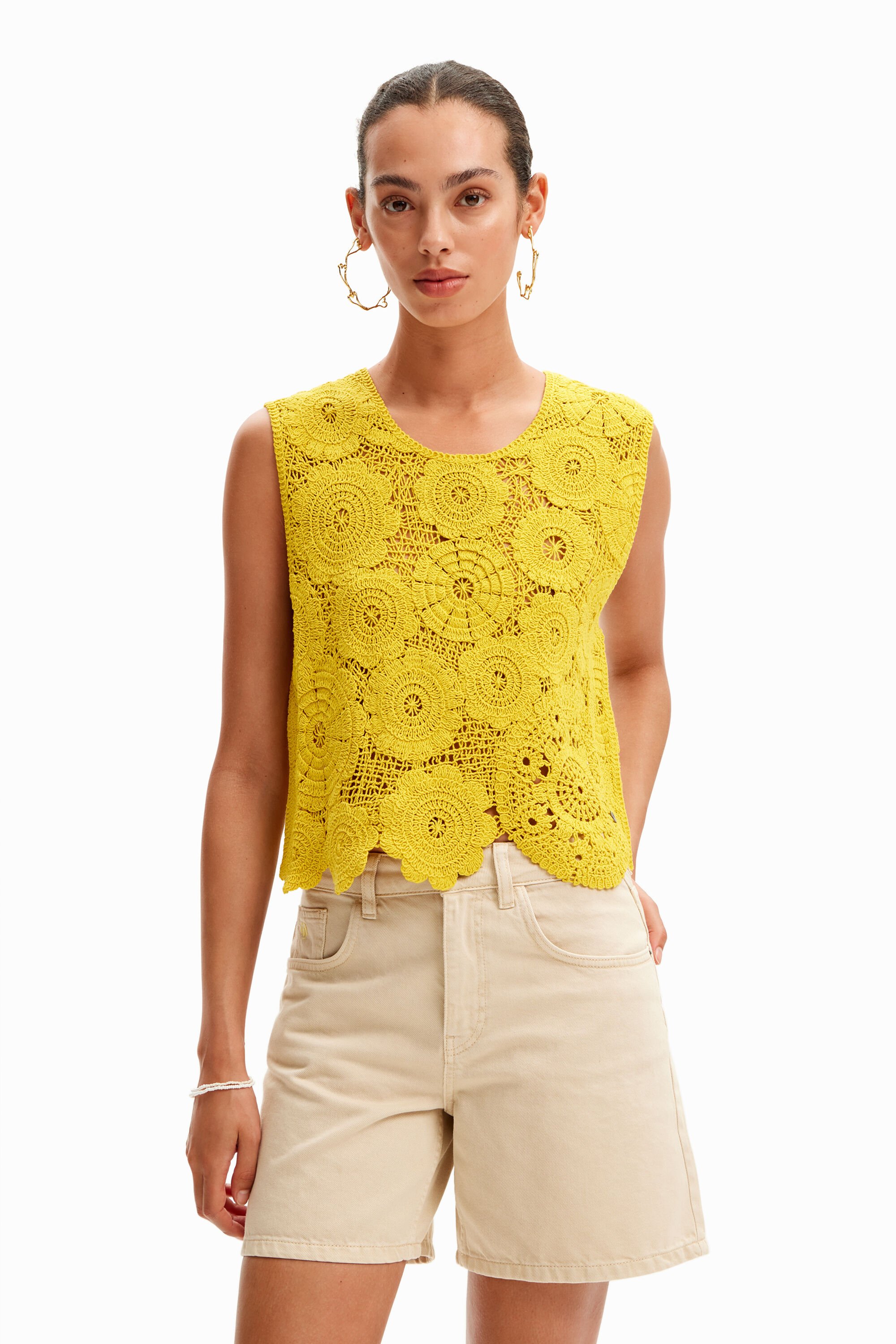 Desigual Crochet T-shirt bloemen - YELLOW