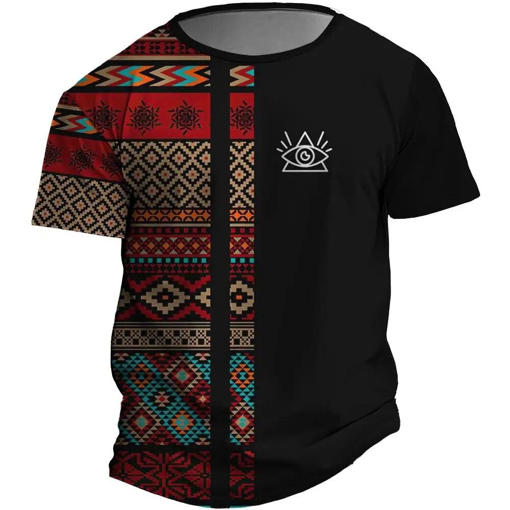 Wengy 2 Vintage Men's T-Shirt Ethnic Style Printed T-Shirts For Men 3d Stripe Short Sleeved Tops Tees Retro Oversized Men's Clothing