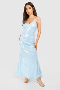 Boohoo Petite Strap Detail Sequin Maxi Dress, Pale Blue