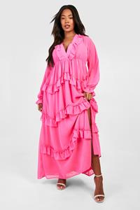 Boohoo Plus Frill Plunge Ruffle Maxi Dress, Hot Pink