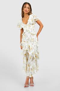 Boohoo Floral Ruffle Maxi Dress, Cream