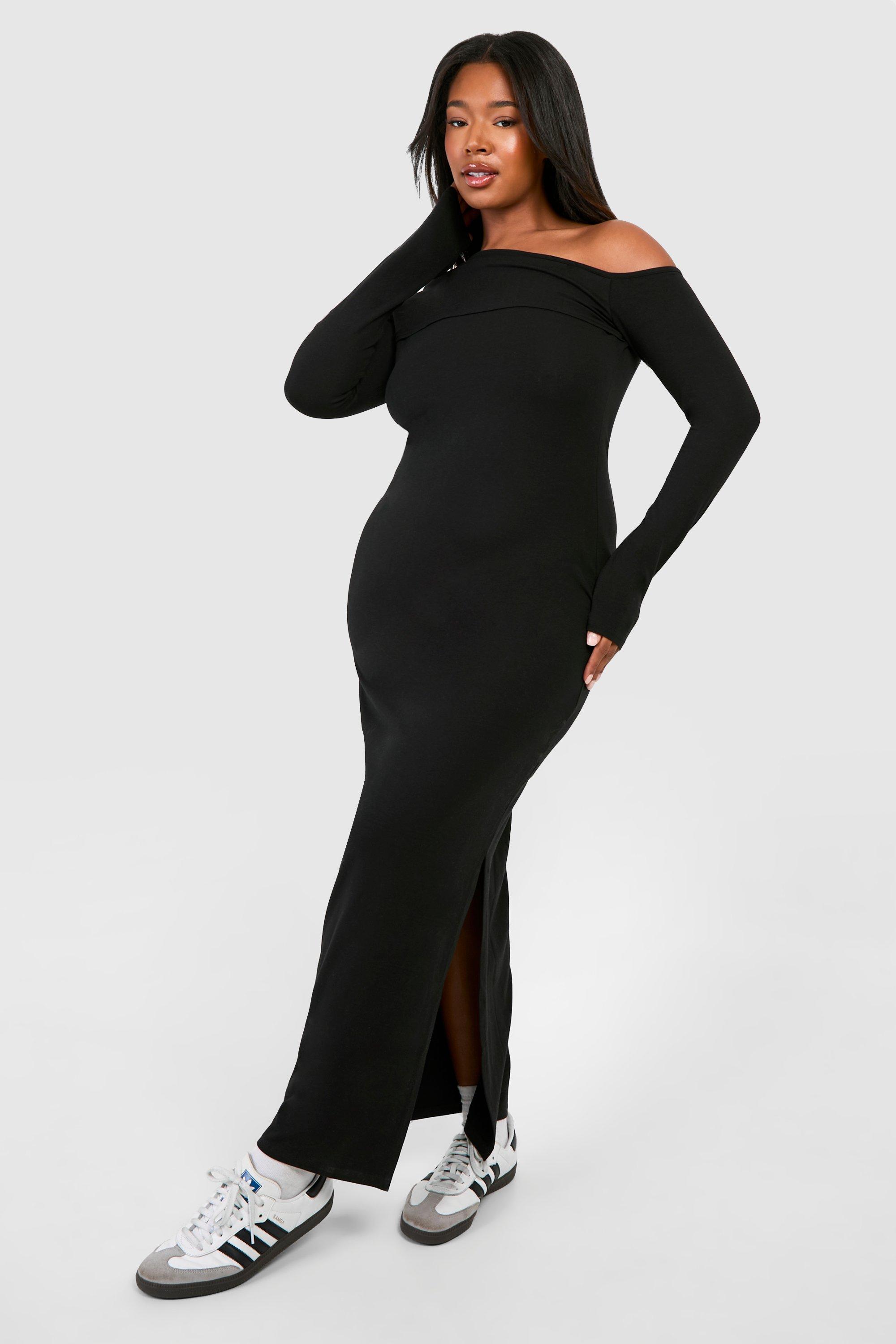Boohoo Plus Ruched Bardot Long Sleeve Maxi Dress, Black