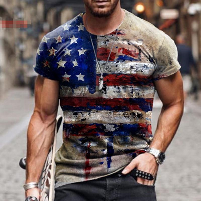 Baibao QIQI Summer Men Tshirt American Flag 3D Print Casual Fashion T-shirt Round Neck Loose Oversize Muscle Streetwear Clothing