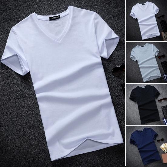 Kaileflf Summer Men T-shirt V Neck Short Sleeve Solid Color Soft Breathable Thin Pullover Mid Length Simple Style Casual Men Top