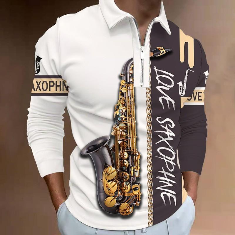 3D Custom Clothing Polo shirts mannen lange mouw mode witte saxofoon print nieuwe heren polo shirt lange mouw rits t-shirt top
