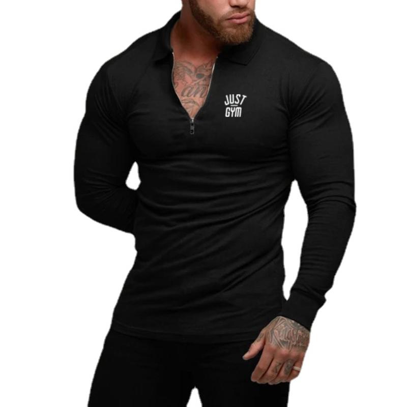 Muscleguys Just Gym Gedrukt Bodybuilding Poloshirts Heren Slim Fit Lange Mouw Fitness Herfst Casual Comfortabele T-shirts