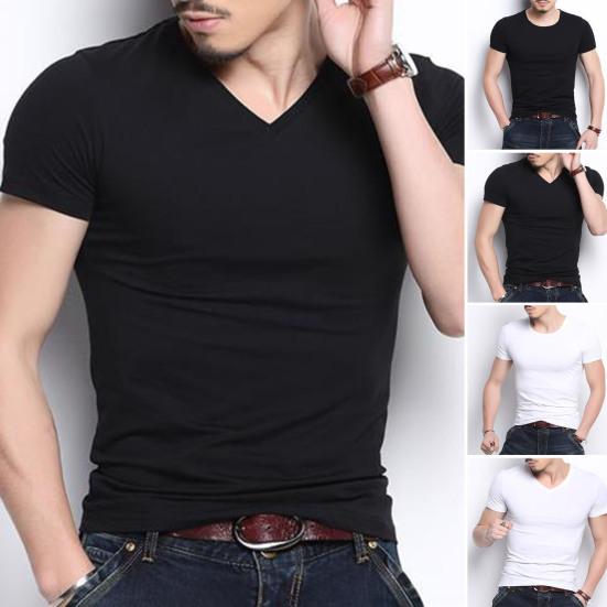 Fengwangpin Summer Men T-shirt Round Neck V Neck Short Sleeve Solid Color Soft Breathable Thin Pullover Slim Fit Simple Style Casual Men Top