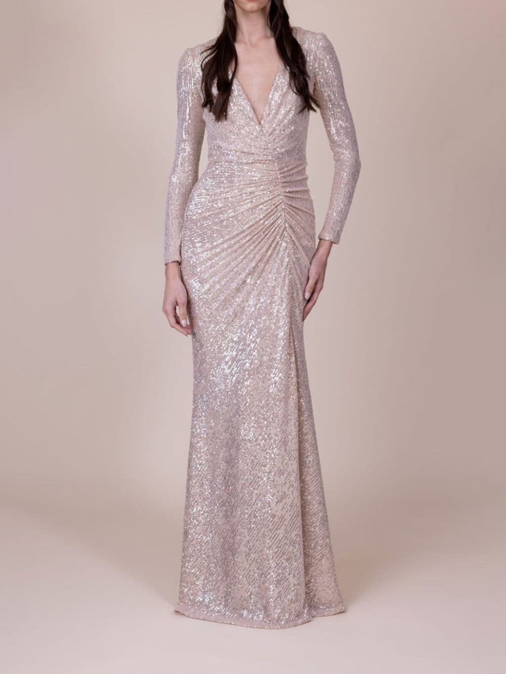 Reem Acra ruched sequined gown - Goud