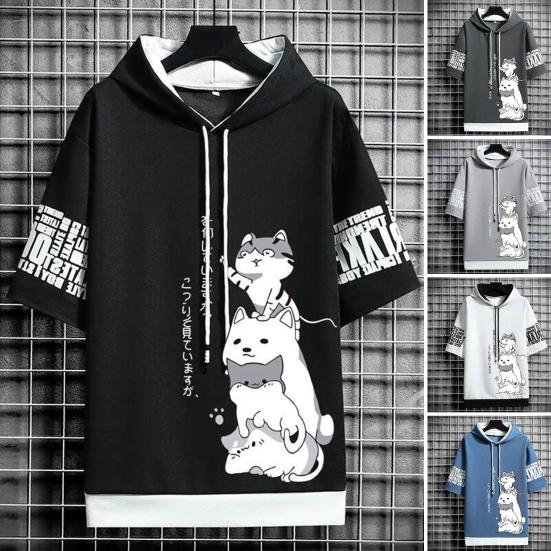 Bohuidadeng Men Summer Hoodie Cartoon Cat Letter Print T-shirt Hooded Drawstring Short Sleeve Pullover Tops Streetwear