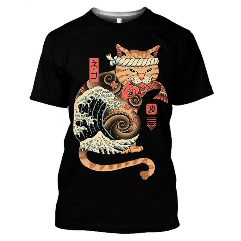 ETST 07 Zomer 3D Mannen Japanse Samurai Kat grafische t-shirts Fashion Casual Persoonlijkheid Cool Street Style Print Korte Mouw Tees Top