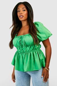 Boohoo Plus Geplooide Peplum Top Met Pofmouwen, Green