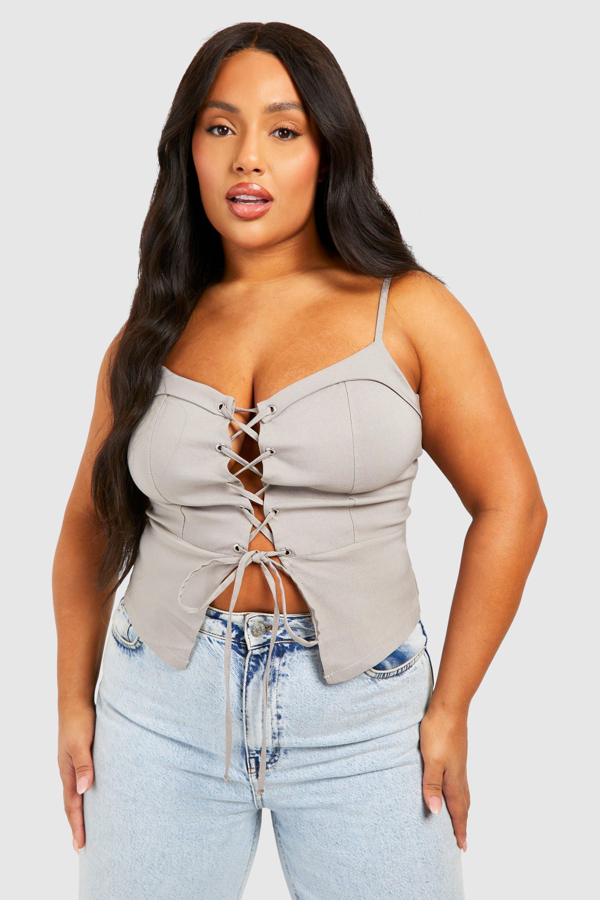 Boohoo Plus Bengaline Lace Up Top, Taupe