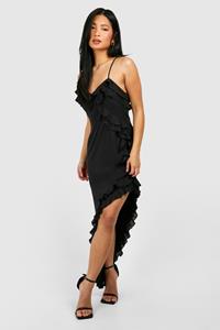 Boohoo Petite Plunge Ruffle Woven Split Leg Maxi Dress, Black
