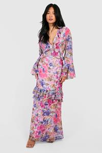 Boohoo Petite Floral Ruffle Flare Sleeve Woven Maxi Dress, Pale Pink