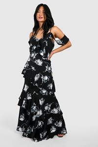 Boohoo Petite Asymmetric Chiffon Tiered Ruffle Floral Maxi Dress, Black