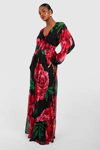 Boohoo Tall Floral Print Dobby Shirred Maxi Dress, Black