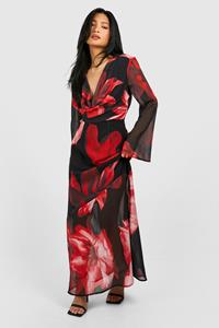Boohoo Petite Bold Floral Cowl Detail Maxi Dress, Red