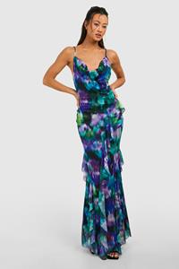 Boohoo Tall Floral Mesh Ruffle Maxi Dress, Purple