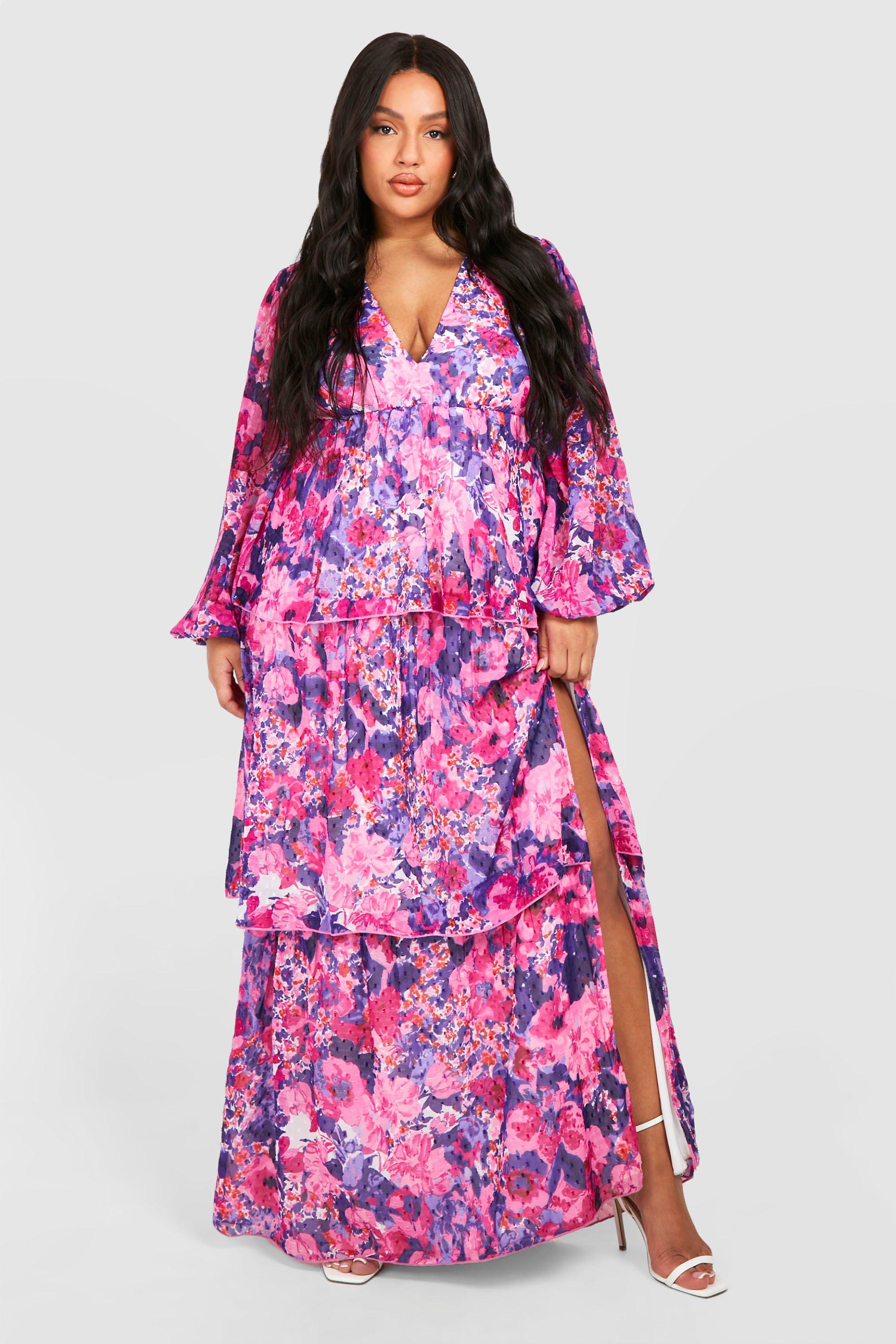 Boohoo Plus Woven Floral Print Plunge Ruffle Detail Maxi Dress, Purple