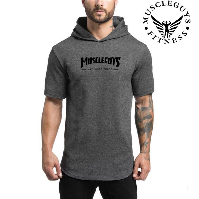 Muscleguys Summer  men’s Fitness bodybuilding hooded T-shirt Youth Trend Sports T-shirt with Hoodie Fashion all-match casual Short-sleeve