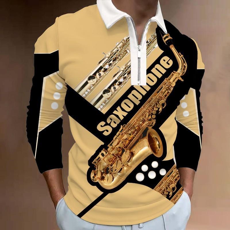 3D Custom Clothing Poloshirts Heren met lange mouwen Mode Geel Saxofoonprint Nieuw herenpoloshirt met lange mouwen en rits T-shirt Top