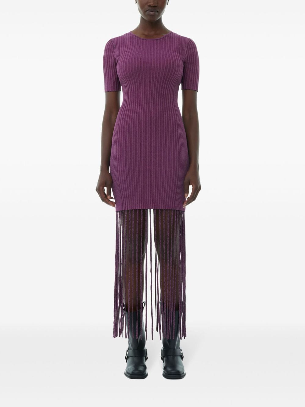 GANNI fringed ribbed-knit dress - Paars