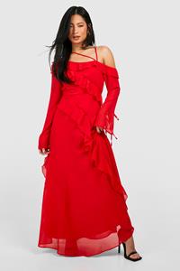 Boohoo Petite Asymmetric Ruffle Open Back Maxi Dress, Red