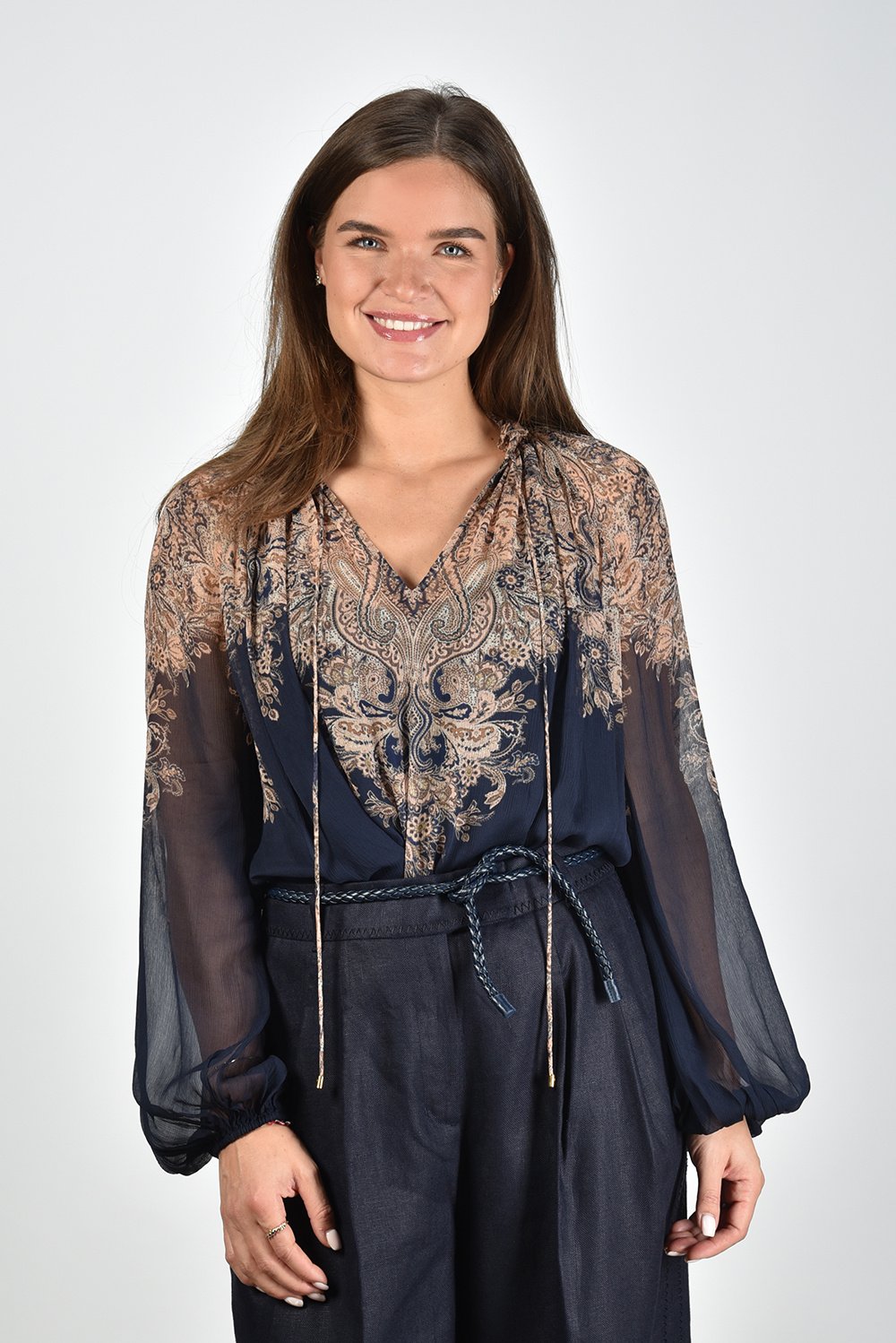 Zimmermann blouse Natura Billow met rimpelkraag en print blauw