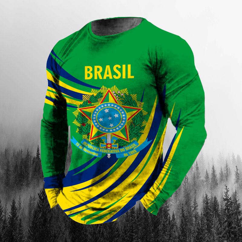 Bengbukulun Brazilian Football Elements Men's 3D Printed Long Sleeved T-shirt, Street Fashion Daily Casual Sports Men's Breathable T-shirt.