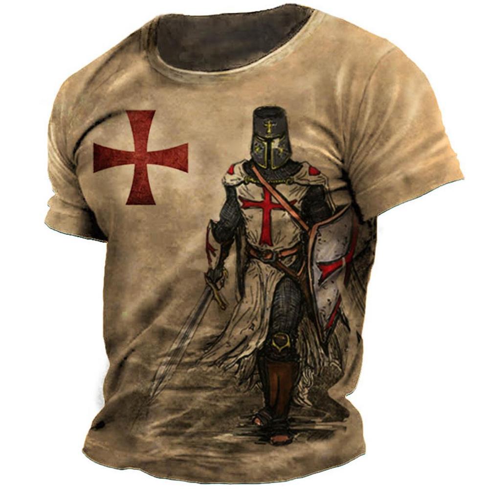 ETST WENDY Retro Tempeliers Print Heren T-shirts Zomer Losse Polyester Korte Mouw Mannelijke Tops Crusader Soldaat Kleding Kleding