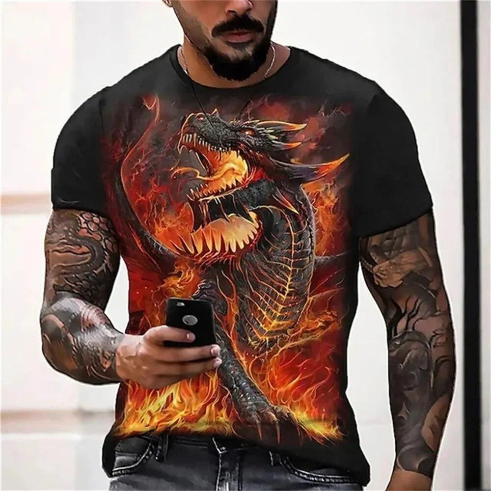 Wengy 2 3D Printed Dragon Pattern Short Sleeved New Summer Fashionable Men's Retro Top Y2K Short Sleeved T-shirt Trend Men