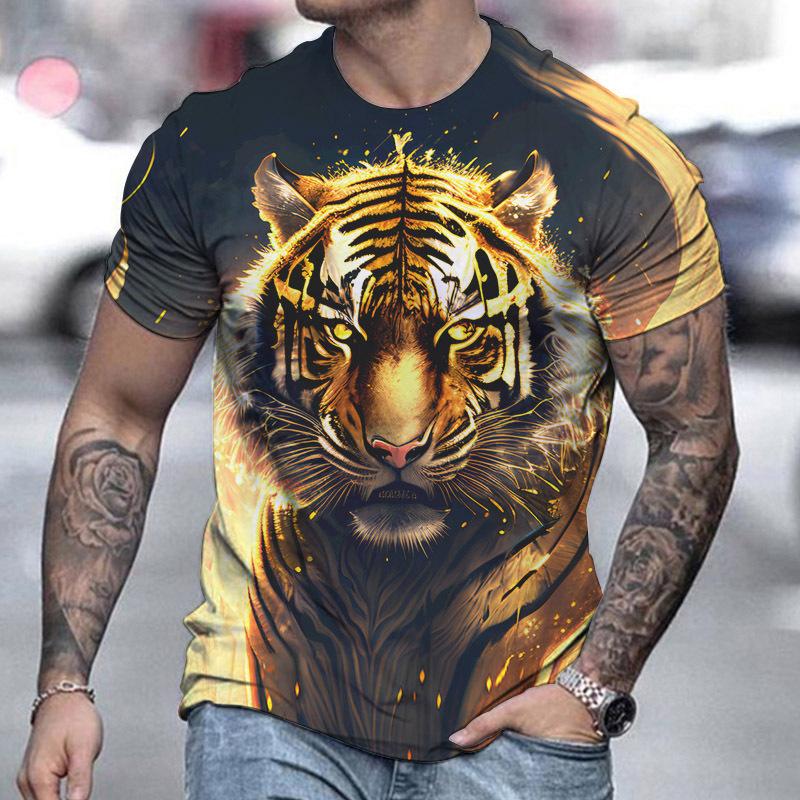 HerSight Loose Men T Shirt Summer Sportwear Outfits Vintage Animal 3D Tops Mens Loose Casual Tiger Printed Pattern Tee Shirts