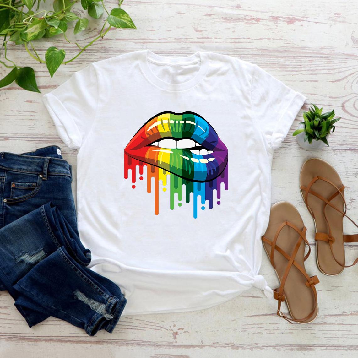 Bicheng LGBTQ T Shirts Dripping Lips Shirt Gay Pride Tshirt Lesbian Bisexual Tees Unisex Graphic T Shirts Short Sleeve Casual Tops Tee