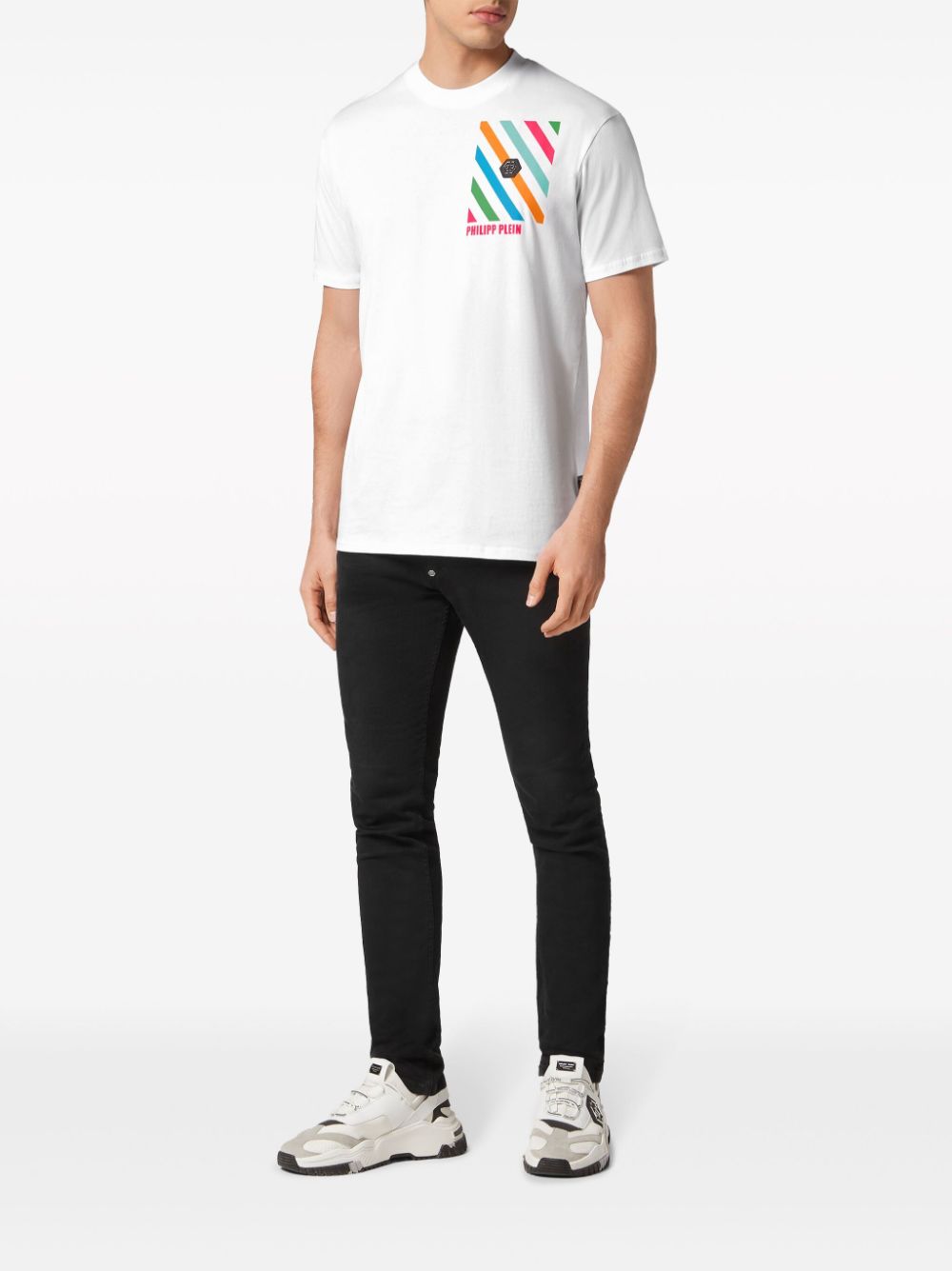 Philipp Plein Katoenen T-shirt met regenboogstreep - Wit