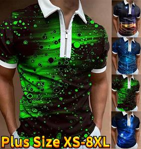 Happy Show Casual Lapel T-shirt Young Men's Fashion Zipper T-shirt Short Sleeve T-shirt Men's 3D Green Rays Print T Shirt