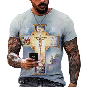 Xiao Xiang Zomer Mannen Jezus Christus T Shirt 3D Cross Print Korte Mouw Tops Vintage Religie T-Shirts Oversized Tee Shirt Man Kleding