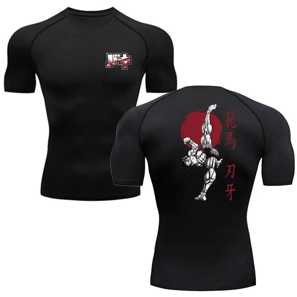 Jun Lin NO.1 Anime Baki Print Compression Tshirts for Men Gym Workout Fitness Running Summer Short Sleeve Top Tee Quick Dry Athletic T-Shirt